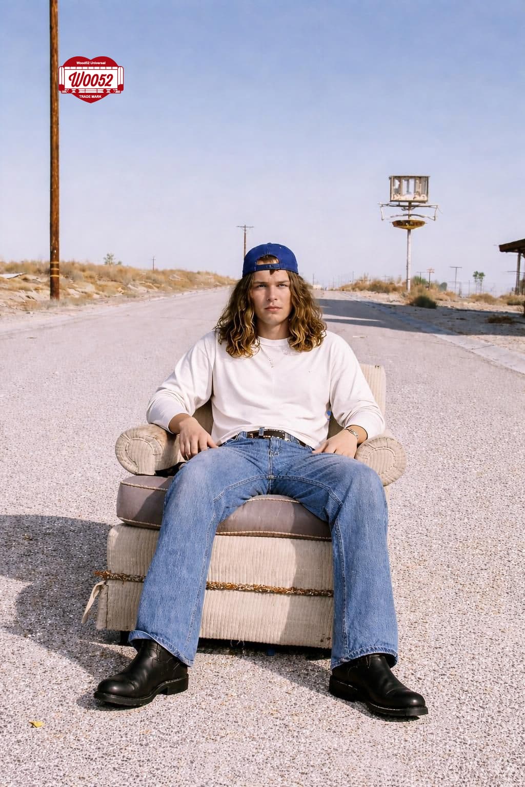 Modello seduto su una poltrona in mezzo a una strada nel deserto, t-shirt bianca e jeans Woo52
